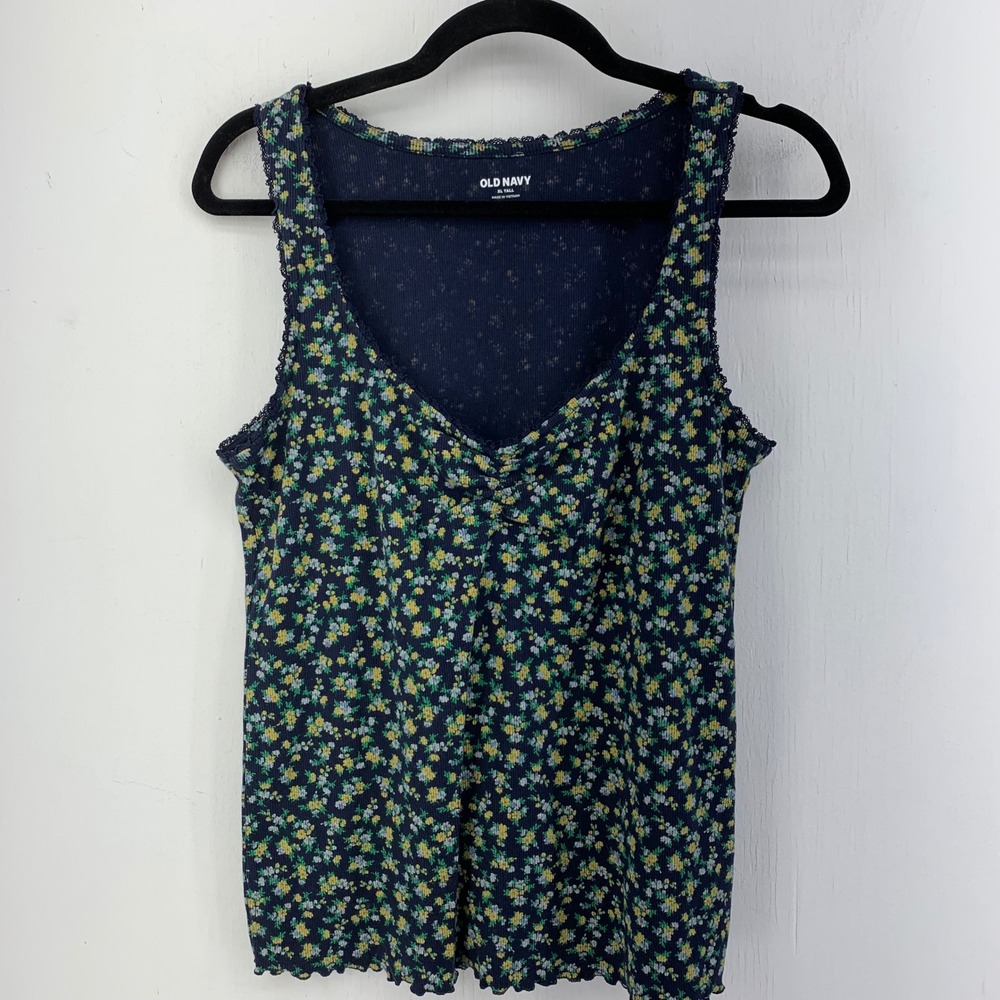 Old Navy Womens XL Tall Floral Ribbed Lace Trim Lettuce Hemโ Tank Top Coquette